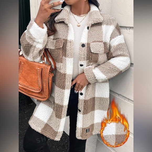 Shein soft teddy jacket long over sized plaid button down - Picture 1 of 3